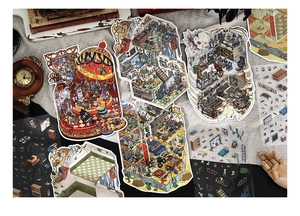 Macro shot of 3D scenery stationery stickers with retro pixel art isometric illustrations