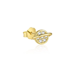 Detailed view of S925 sterling silver gold-plated Saturn stud earring with white zircons