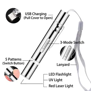 Rechargeable 3-in-1 cat laser toy with 5 patterns and USB charging in silver stainless steel