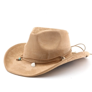 Retro suede cowboy hat in camel with bohemian turquoise and shell decorative cord