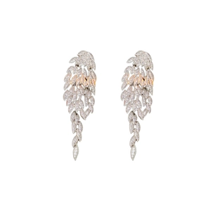 Silver leaf tassel earrings with sparkling zircon crystals in a minimalist french style