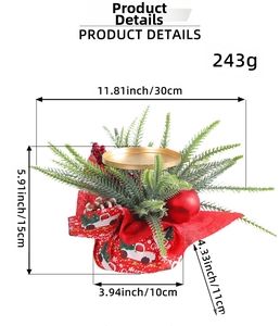 Detailed view of Christmas candle holder with red berries and pine needles on a festive base