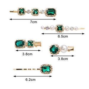 Set of 5 vintage green resin and pearl hair clips with golden base and size measurements