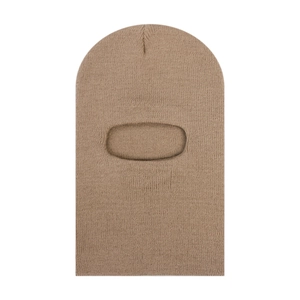 Detail of a brown knitted balaclava showing fine knit texture and eye opening design