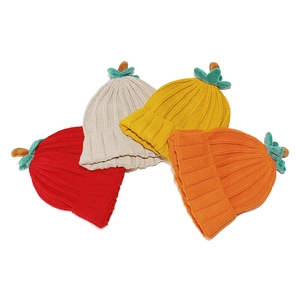 Cute pumpkin style knit beanie hats in four colors with green leaf detail on top