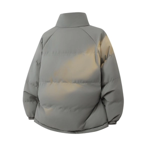 Rear view of dark grey stand collar puffer jacket featuring windproof horizontal quilting