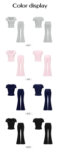 Color display of two-piece Y2K sets featuring crop t-shirts and flared pants in four colors
