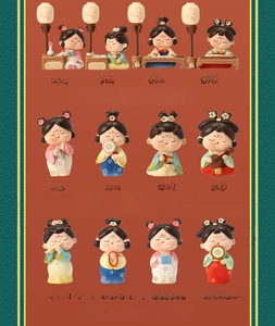 Detail view of Tang Dynasty style bobblehead figurines and Chinese fridge magnets