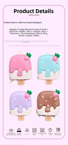 Detailed size chart for cartoon ice cream backpacks showing 24x28x10cm dimensions