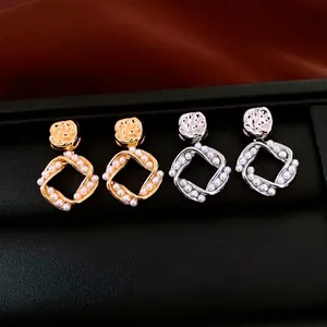 Square 18K gold plated hoop earrings with micro pearls and hammered metal texture