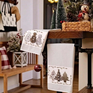 Christmas snowman and tree pattern kitchen towel set with decorative grey stripes