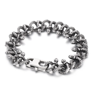 Silver vintage snake head wrap chain bracelet in stainless steel with a dark punk aesthetic