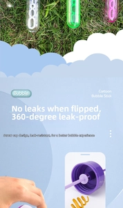 Detail showing 360-degree leak-proof screw cap design on the cartoon bubble sticks