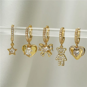 Elegant Copper Cubic Zirconia Huggie Hoop Earrings With Heart Star Bear And Bow Pendants For Women