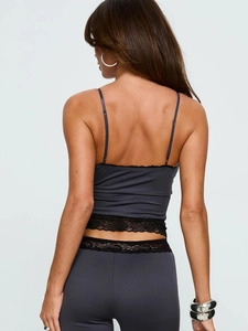 Women's backless dark grey camisole set with black lace trim and matching pants