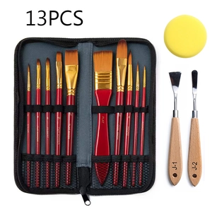 Detailed 13pcs art paint brush set with wooden palette knives and sponge in a black case
