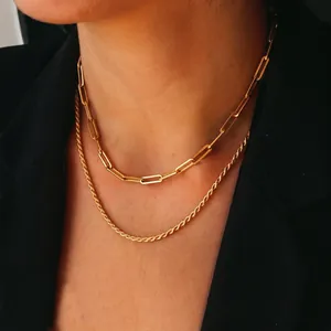 Bohemian Minimalist Double Layered Stainless Steel Necklace Gold Plated Paperclip And Rope Chain Necklace For Women Jewelry