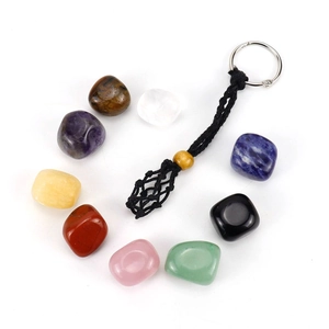 Adjustable black cord mesh net keychain set with nine assorted natural crystal stones