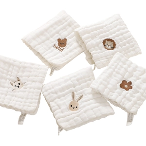 Soft six-layer cotton gauze baby washcloths with five cute animal embroidery patterns