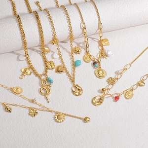 Vintage 18K Gold Plated Stainless Steel Multi Pendant Necklace Boho Heart Elephant Artificial Pearl Turquoise Jewelry For Women
