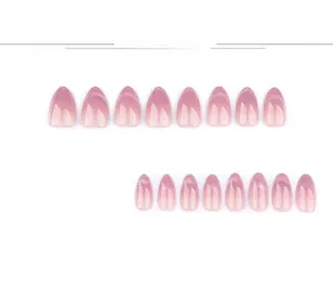 Detailed set of 24 pink and white ombre almond-shaped press-on nails with cat eye shimmer