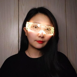 Cyberpunk LED glasses with honeycomb pattern and glowing warm yellow light on a model