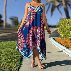 Bohemian V-neck floral maxi dress with irregular hem in blue and red ethnic pattern