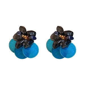 Vintage style drop earrings with black floral tops and blue translucent shell pendants
