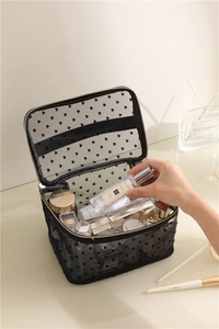 Detail view of double-layer mesh cosmetic bag with heart pattern and interior organizers