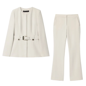 Femme Blazer Élégant Et Pantalon Évasé Col Rond Taille Ceinturée Coupe Ajustée Bureau Couleur Unie Polyester