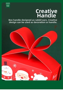 Detail of Christmas candy gift box featuring red rabbit-ear handles and festive cartoons