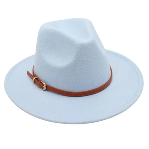 Detail of light blue wool felt fedora featuring a vintage brown leather belt with gold buckle