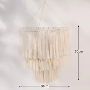 Handmade boho macrame cotton rope lamp shade with three-tier long tassels, 30x30cm