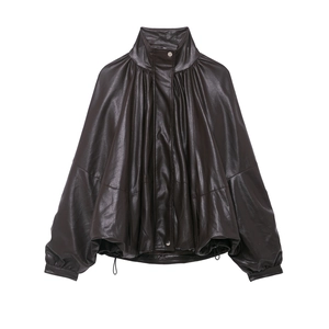 Giacca Bomber In Ecopelle Da Donna Collo Alto Orlo Con Coulisse Maniche Lunghe Cerniera Marrone Caffè