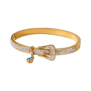 Vintage gold belt buckle bracelet with zircon stones and blue evil eye charm
