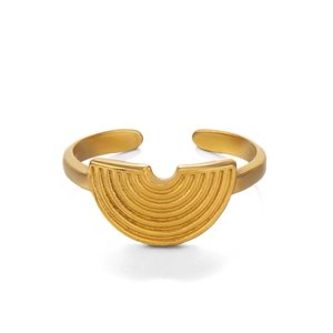 Adjustable stainless steel open ring with a gold geometric semi-circle ribbed design