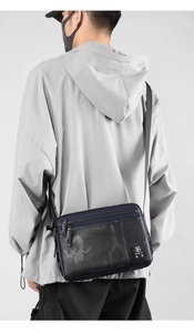 Detail showing camouflage nylon shoulder bag with adjustable strap and zip pocket