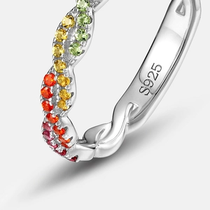 S925 sterling silver rainbow zircon wavy ring with multi-color gemstones for women