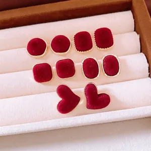 Retro Red Flocked Geometric Stud Earrings With 925 Sterling Silver Earring Post Vintage Alloy Heart For Women