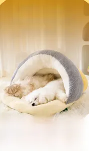 Semi-enclosed grey plush pet cave bed with spacious interior for cat and dog