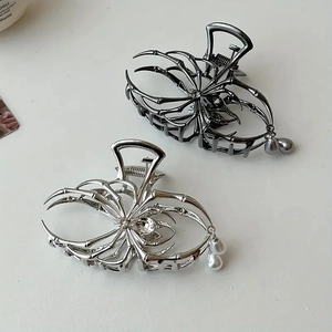 Silver and gunmetal spider hair claws with rhinestones and pearl tassels set