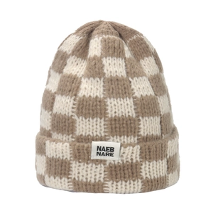 Khaki und weiße Beanie-Mütze im Schachbrettmuster mit weichem Umschlag für Damen
