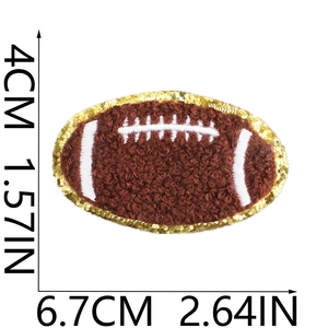 Detailed view of chenille rugby patch with gold sequins and measurement dimensions
