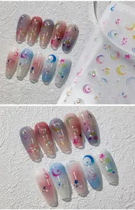 Detailed view of 5D embossed flower nail stickers with celestial moon and star patterns