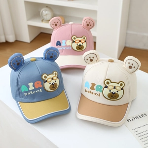 Kids Baseball Cap Cotton Breathable Sun Protection Cartoon Bear With 3D Ears Adjustable Outdoor For Toddlers Boys Girls