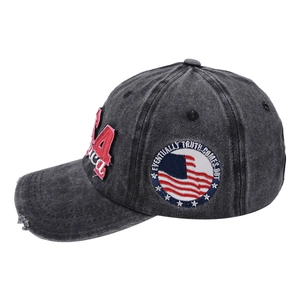 Vintage washed black baseball cap with red USA embroidery patch and American flag detail