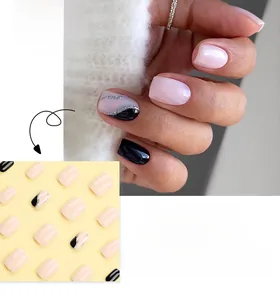 Short square press-on nails in pink and black glitter waves pattern, model #JP2906