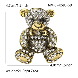 Golden teddy bear brooch with sparkling rhinestones for suits and coats, 4.7cm size