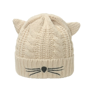 Winter thermal knit cat ear hat in cream white featuring cute black whisker embroidery