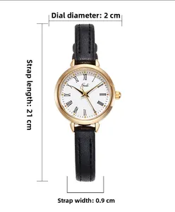 Technical drawing showing 2cm gold watch dial and 0.9cm slim black leather strap